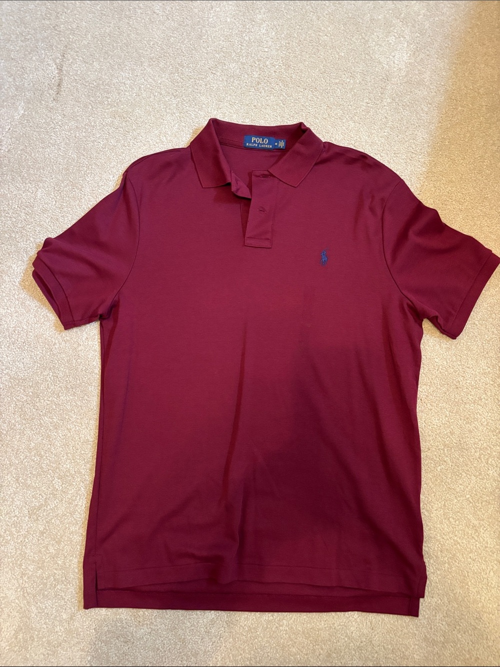 Polo-Ralph Lauren Burgundy Polo Shirt with Blue Logo. Mens short sleeve. Medium